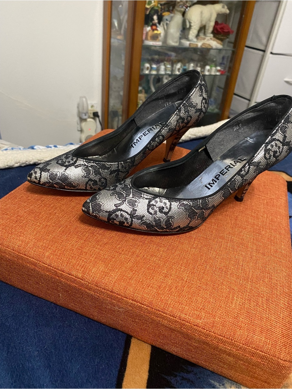 Imperial Black lace over Silver Pointed-Toe Heels. 3.5” heel.